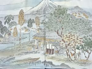 アンティーク　富士に家屋風景模様肩裏本場泥大島紬100亀甲男物羽織